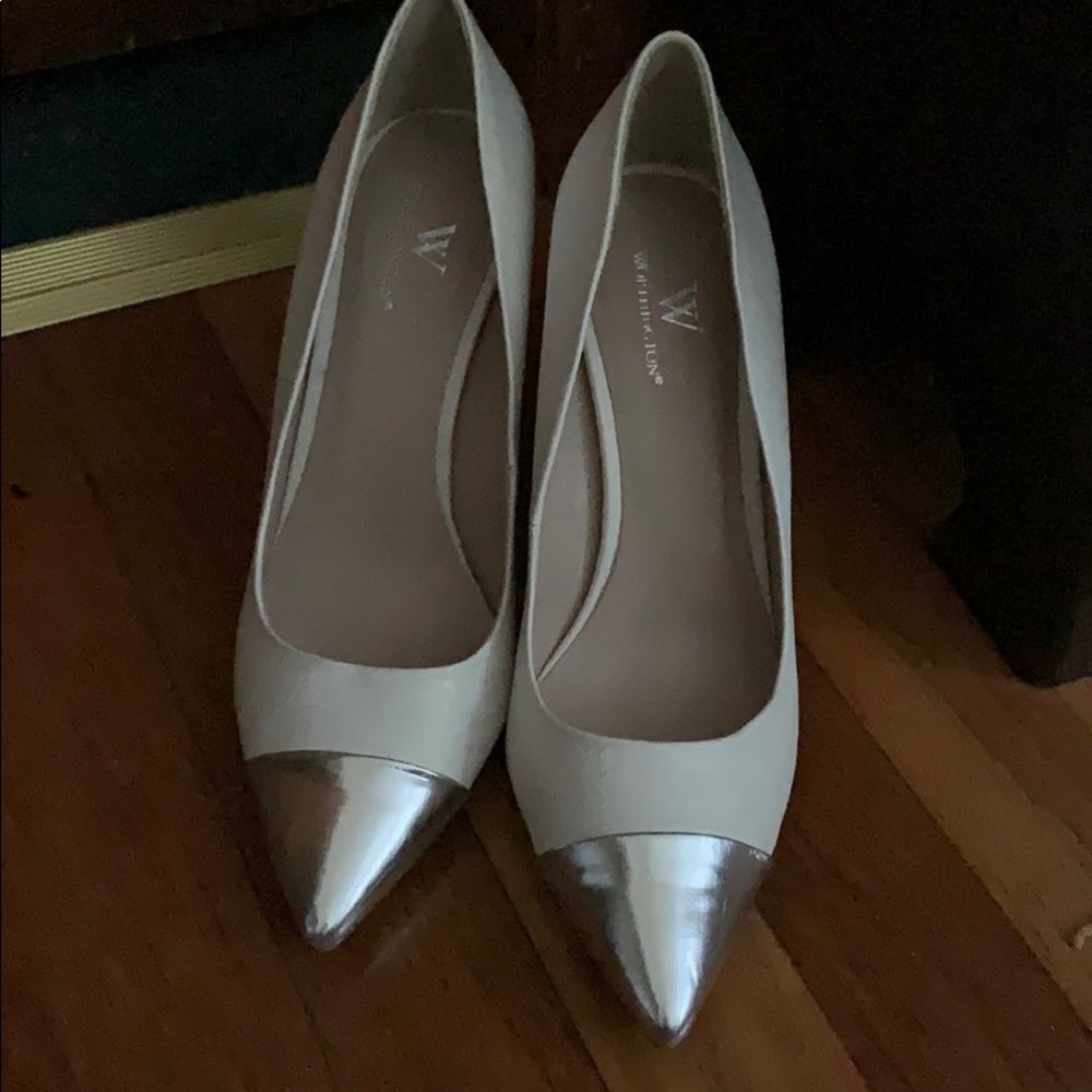 White High heels. Silver toe and heel.